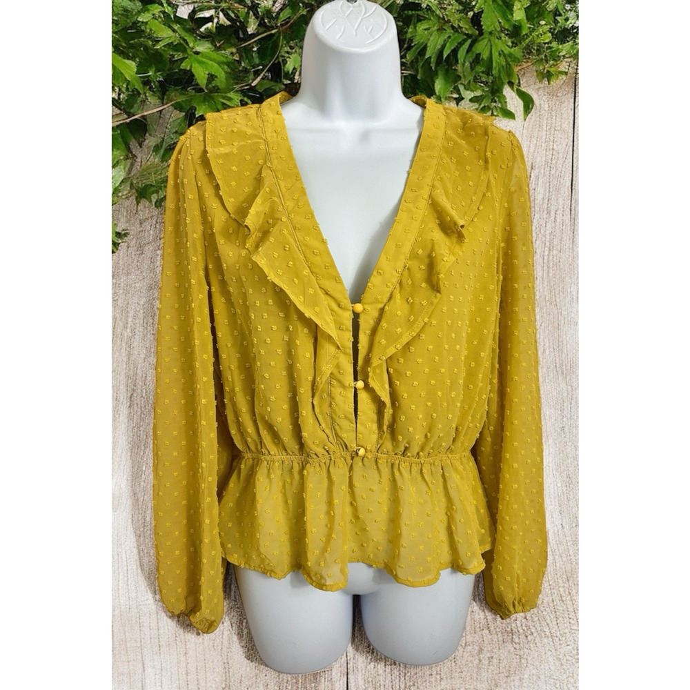 Favlux Fashion Blouse Sz L Long Balloon Sleeve V-Neck Textured Top Mustard - Picture 2 of 9